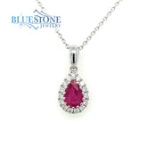 18 Karat White Gold Pendant with One 6mm x 4mm Pear Cut Natural Ruby a